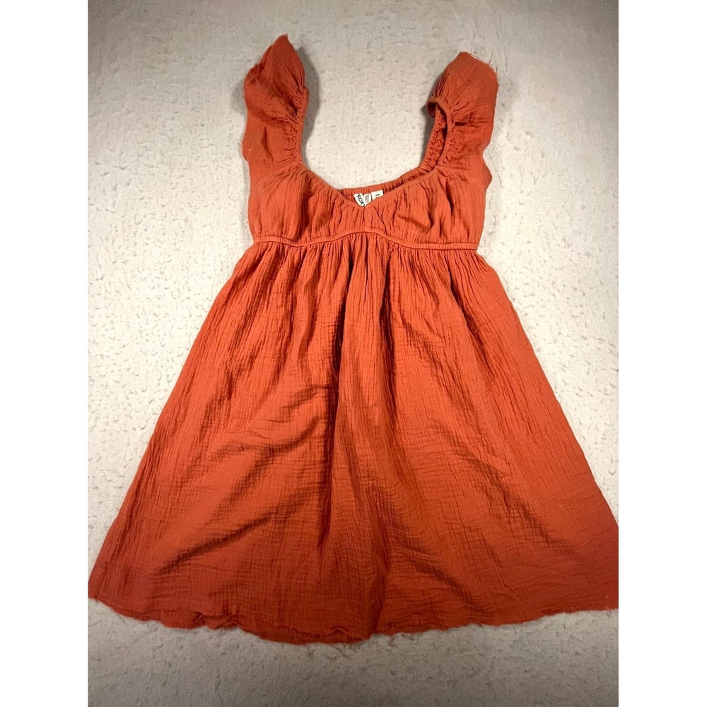 Roxy Luna Babydoll Mini Dress Womens Small Orange Gauze Empire Fit Puff Sleeve